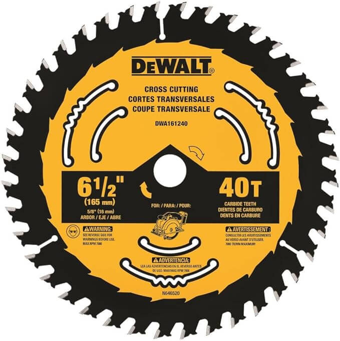 DEWALT circular saw blade 6.5 inch, 40 Tooth design for precision cutting and durability in framing applications.