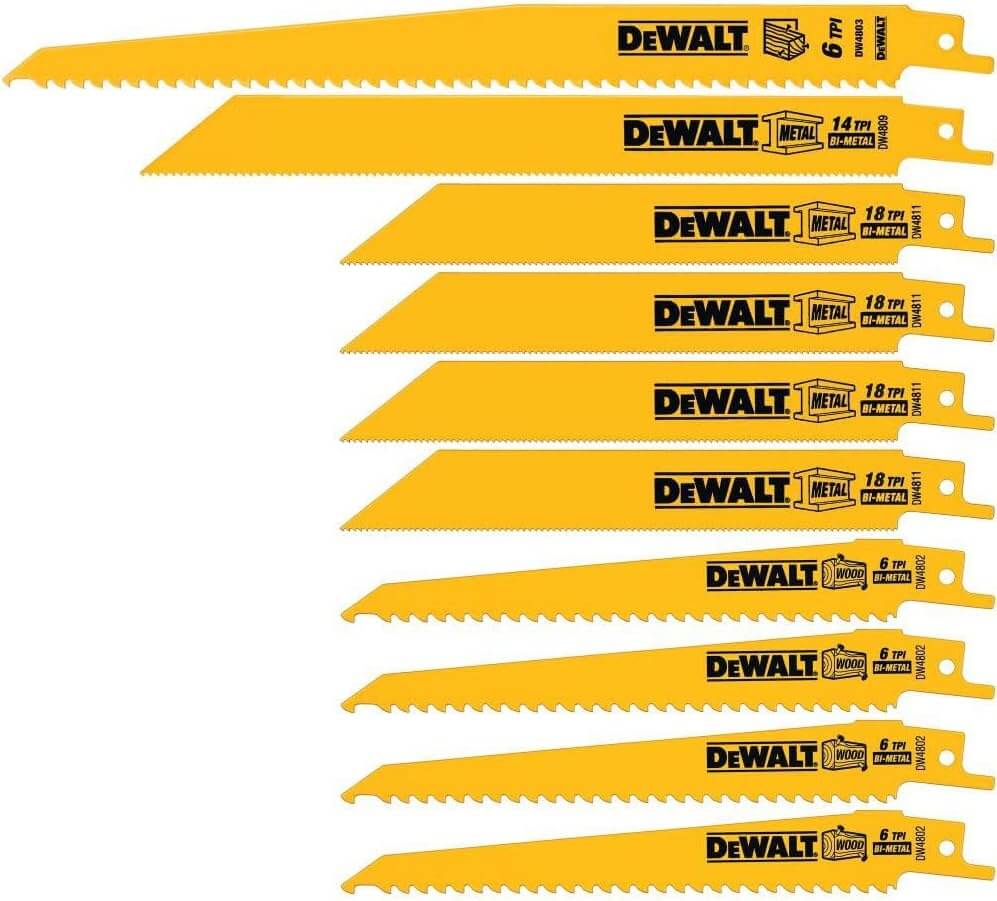 DEWALT reciprocating saw blades set 10 Piece in various sizes for versatile cutting solutions.