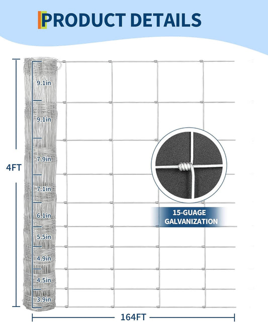 Field Fence 5 ft x 328 ft Wire Fence Roll, No-Climb for Horses, Sheep & Goats Welded Wire Grid for Yard Protection