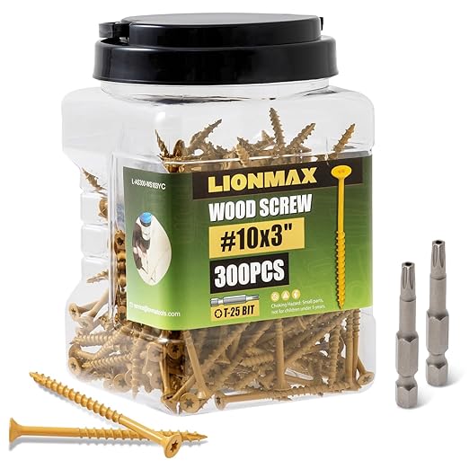 LIONMAX Deck Screws 3 Inch, Wood Screws #10 x 3, 300 PCS, Rust Resistant, Exterior Epoxy Coated, Outdoor Decking Screws, Torx/Star Drive Head Deck Screw, T25 Star Bit Included, Tan