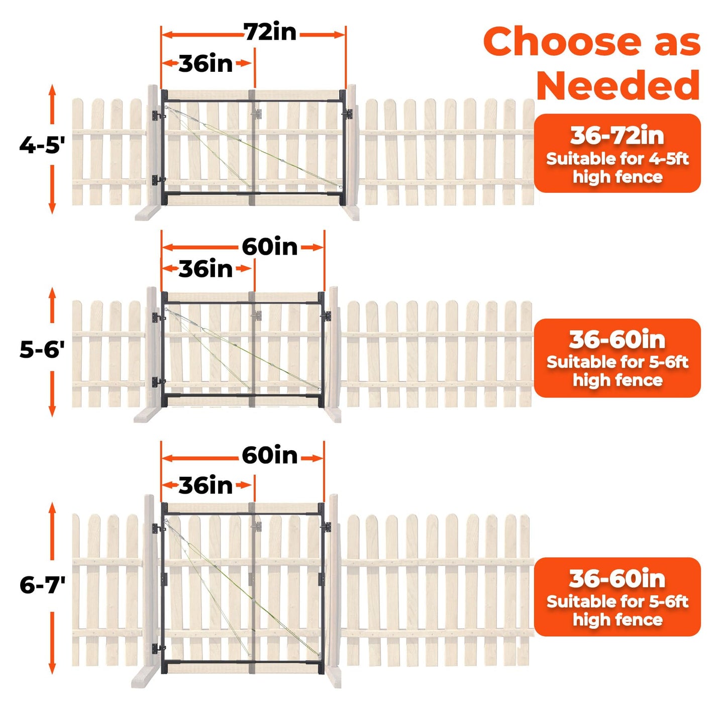 Heavy Duty DIY Fence Gate Kit – 36"-72" Adjustable Wood Gate Building Kit for 4-5 ft Fences, Anti-Sag Steel Frame with UV-Resistant Coating, Fits Both 1"x4" and 2"x4" Wood