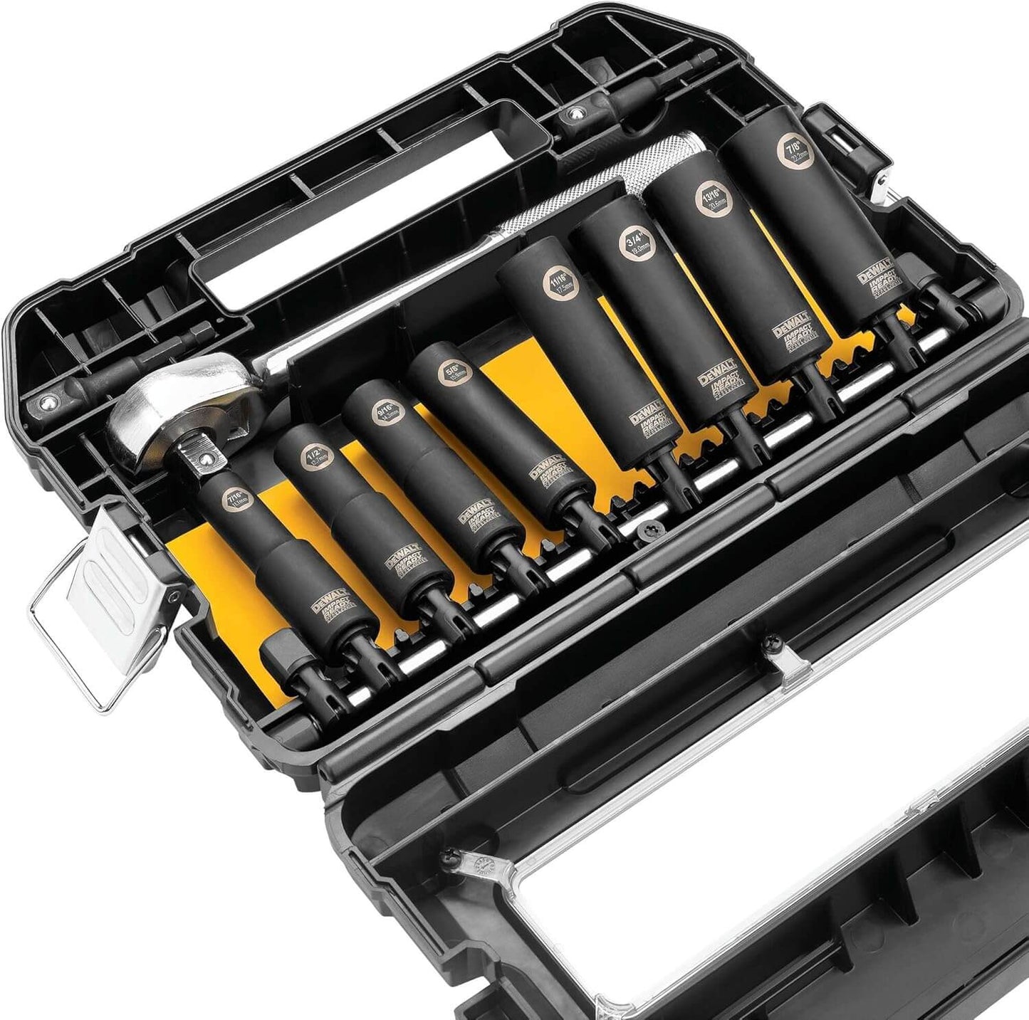 DeWalt impact socket set 10 piece displayed in a storage case with organized sockets and adapters.
