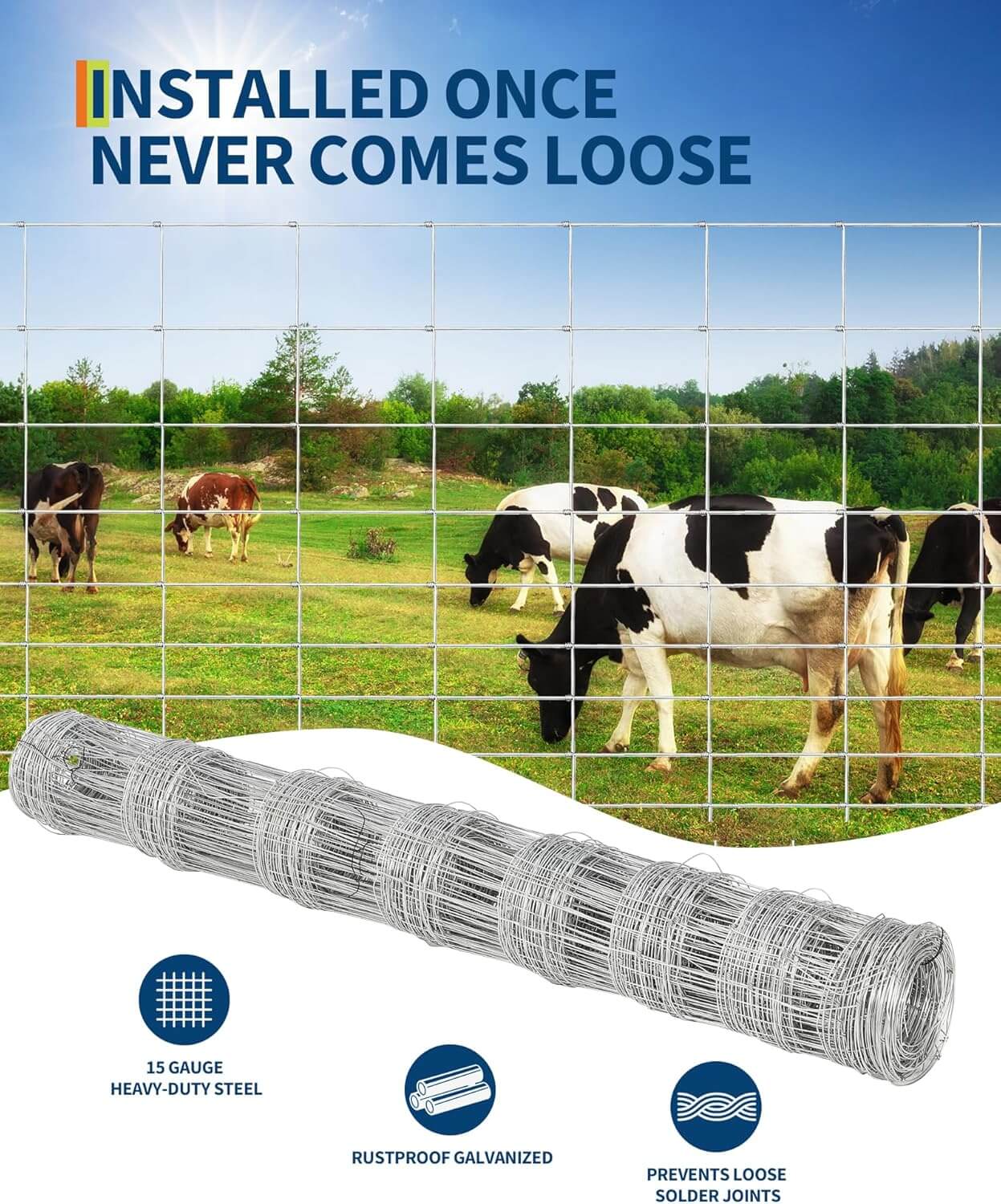 Field Fence 5 ft x 328 ft Wire Fence Roll, No-Climb for Horses, Sheep & Goats Welded Wire Grid for Yard Protection