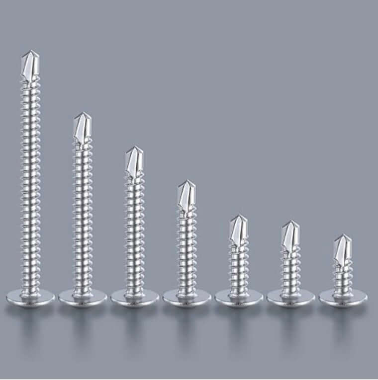 self-tapping hex head screws 8x1-1/4" in various sizes displayed on a gray background.
