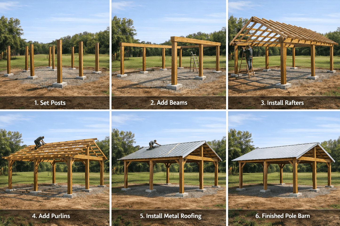 Step-by-step guide to building a complete open pole barn kit 16'x24', showing structure assembly process.