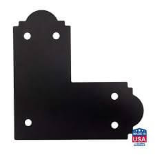 Black powder-coated L strap for 6x6 lumber, ideal for structural reinforcement in outdoor projects.