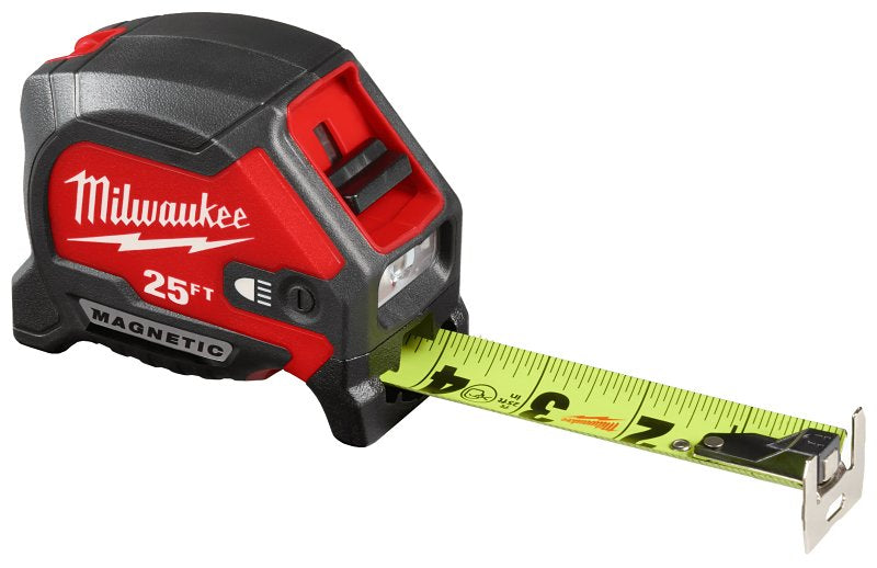 Milwaukee 48-22-0428 Magnetic Tape Measure with Rechargeable Light, 25 ft L Blade, 1-3/16 in W Blade, Steel Blade
