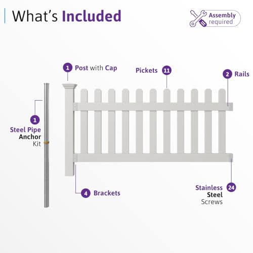 3ft H x 6ft W (1 Panel + 1 Post) No Dig Zippity Newport Fence Kit, White Vinyl Picket Fence, Easy Install Outdoor Fence for Backyard or Patio, DIY Decorative Fencing, ZP19002