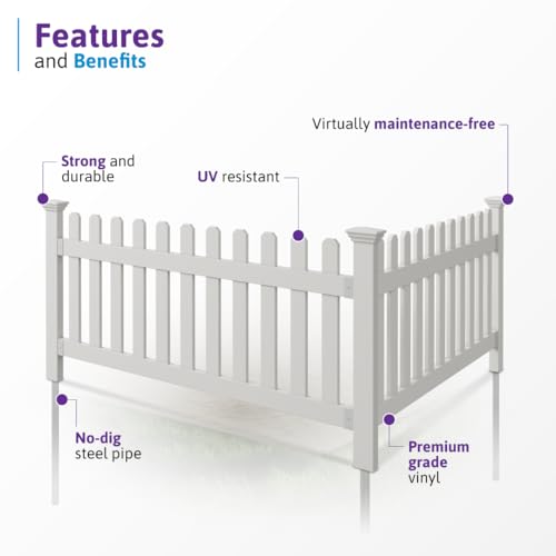 3ft H x 6ft W (1 Panel + 1 Post) No Dig Zippity Newport Fence Kit, White Vinyl Picket Fence, Easy Install Outdoor Fence for Backyard or Patio, DIY Decorative Fencing, ZP19002