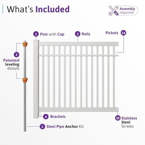 4ft H x 6ft W (1 Panel + 1 Post) No Dig WamBam Nantucket Fence Kit, White Vinyl Picket Fence Panel, Easy DIY Installation Fence Panel Kit, Durable Outdoor Fence for Yard or Garden, BL19101