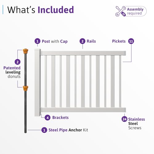 4ft H x 6ft W (1 Panel + 1 Post) No Dig WamBam Nantucket Fence Kit, White Vinyl Picket Fence Panel, Easy DIY Installation Fence Panel Kit, Durable Outdoor Fence for Yard or Garden, BL19101