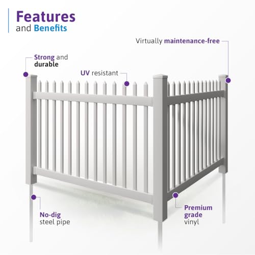 4ft H x 6ft W (1 Panel + 1 Post) No Dig WamBam Nantucket Fence Kit, White Vinyl Picket Fence Panel, Easy DIY Installation Fence Panel Kit, Durable Outdoor Fence for Yard or Garden, BL19101