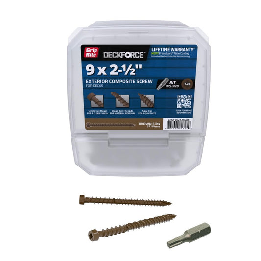 Grip-Rite DeckForce Exterior Composite Deck Screws for PVC and Composite Deck Projects - Nano Coated Screws - T-17 Saw Tip - Brown - #9 x 2-1/2" - 5 Lb Box - GRDFCS212ACA5