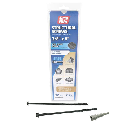 Grip-Rite GRSSHW38820 3/8" x 8" Structural Screw Dual Drive Power Hex Washer Star Drive Head 20CT