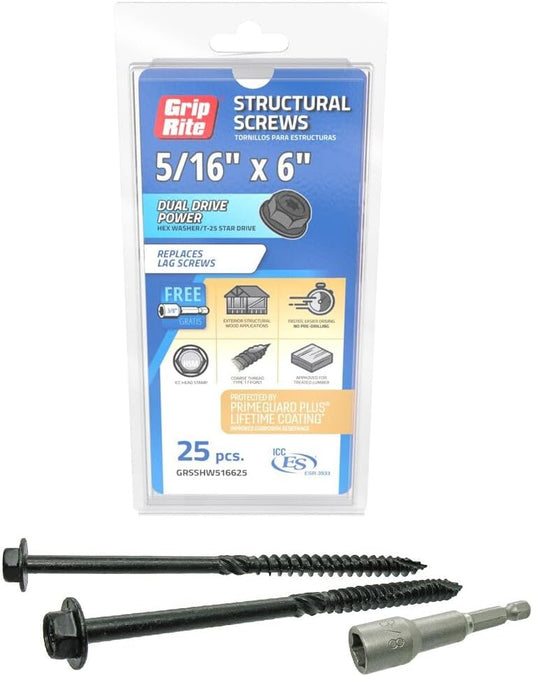Grip-Rite GRSSHW516625 5/16" x 6" Structural Screw Dual Drive Power Hex Washer Star Drive Head 25CT