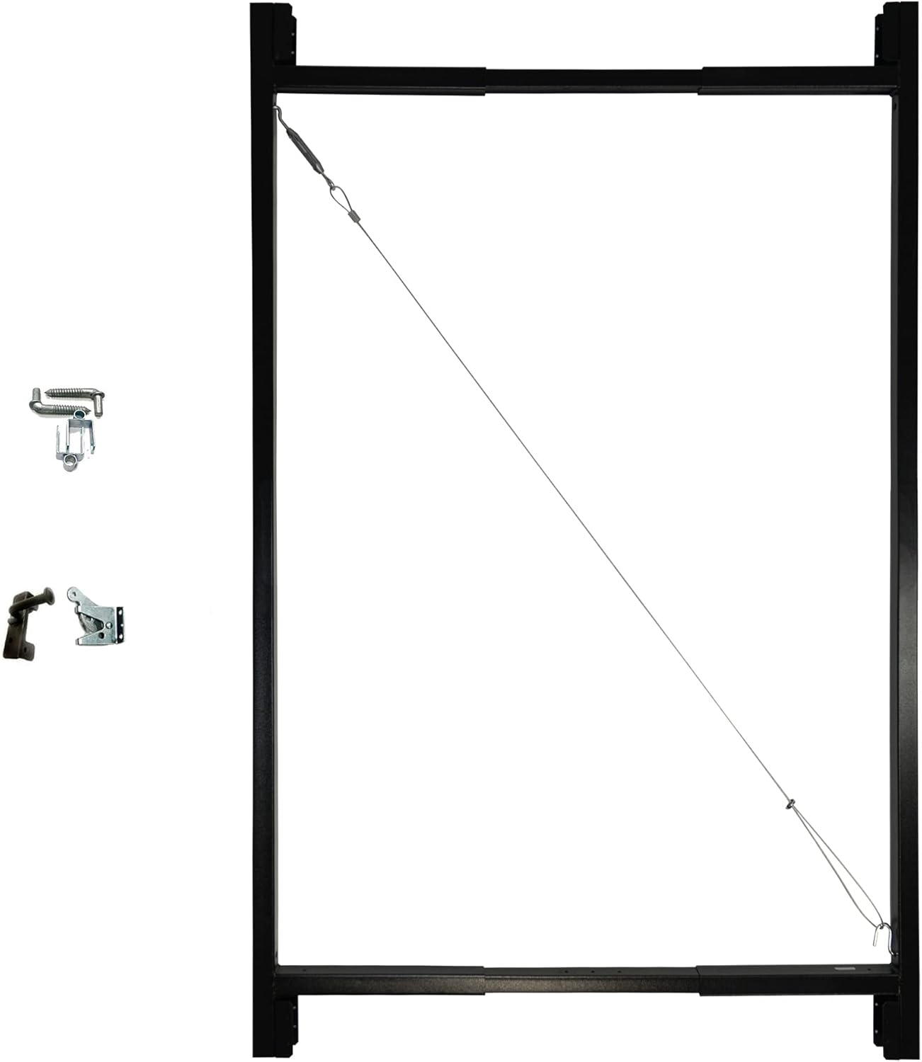 Adjust-A-Gate steel fence gate kit components including frame, latch, and cable system for secure installation.