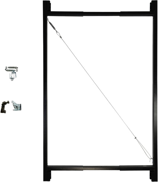 Adjust-A-Gate steel fence gate kit components including frame, latch, and cable system for secure installation.