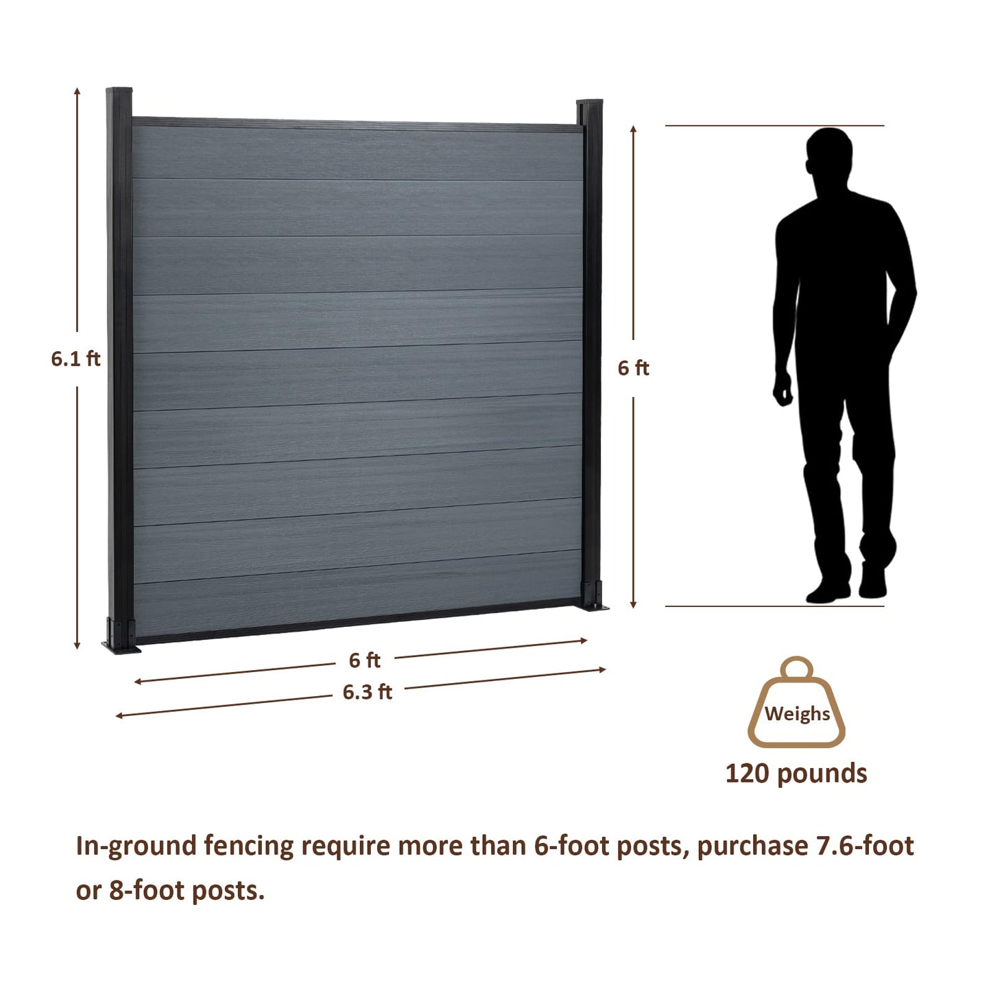 6 Ft×6 Ft Wood Plastic Composite Fence Panels, Privacy Fence Screen, Decorative Garden, Patio, Backyard Fence with 1 Post, Grey