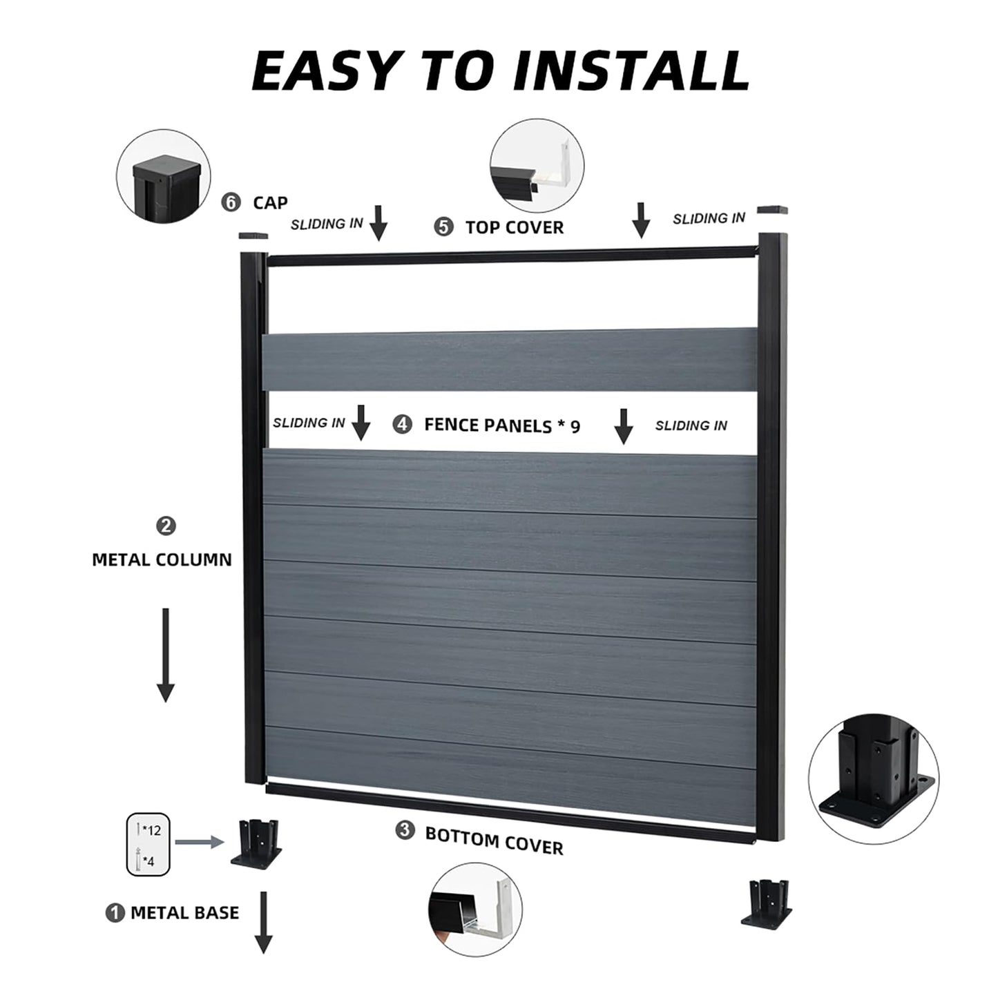 6 Ft×6 Ft Wood Plastic Composite Fence Panels, Privacy Fence Screen, Decorative Garden, Patio, Backyard Fence with 1 Post, Grey