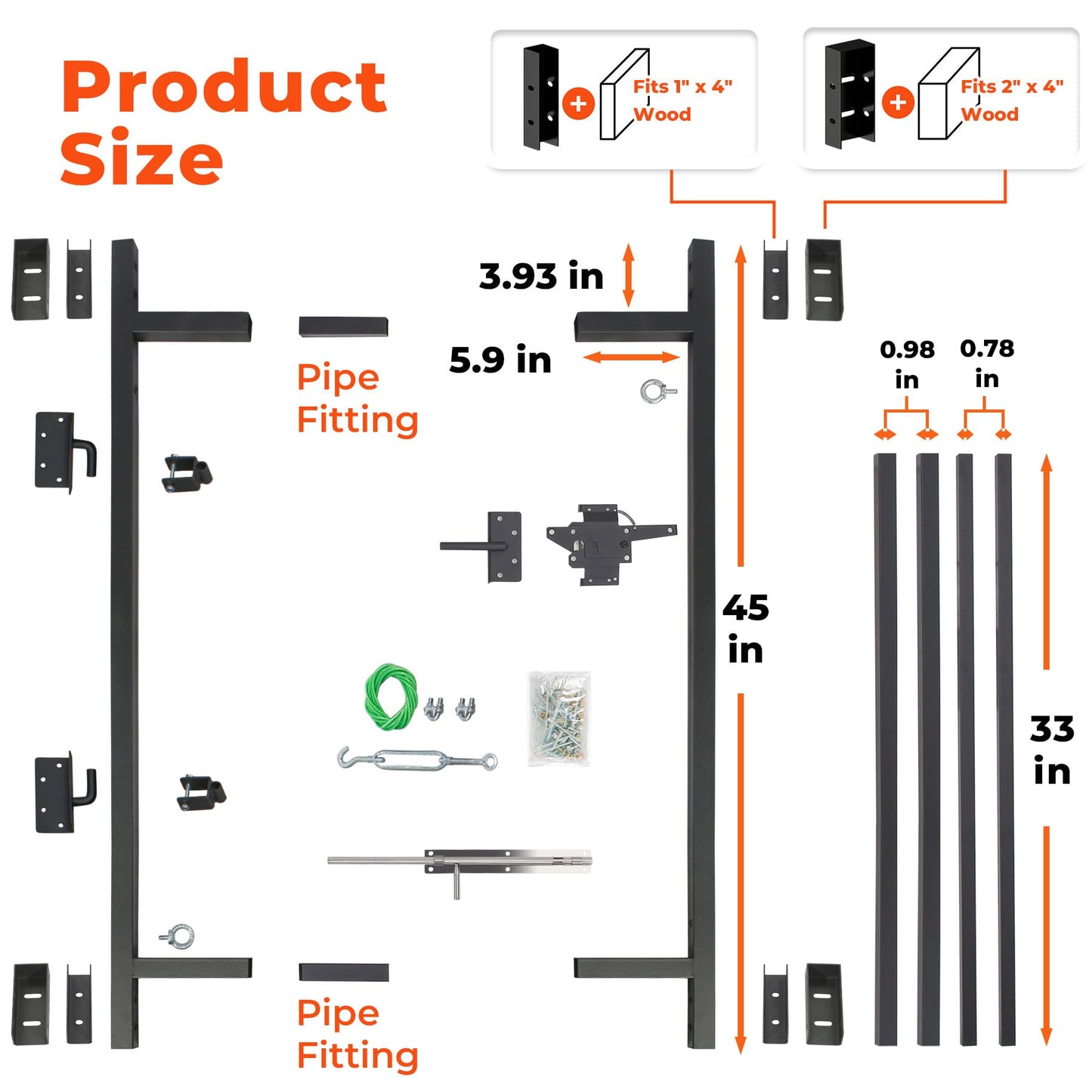Heavy Duty DIY Fence Gate Kit – 36"-72" Adjustable Wood Gate Building Kit for 4-5 ft Fences, Anti-Sag Steel Frame with UV-Resistant Coating, Fits Both 1"x4" and 2"x4" Wood