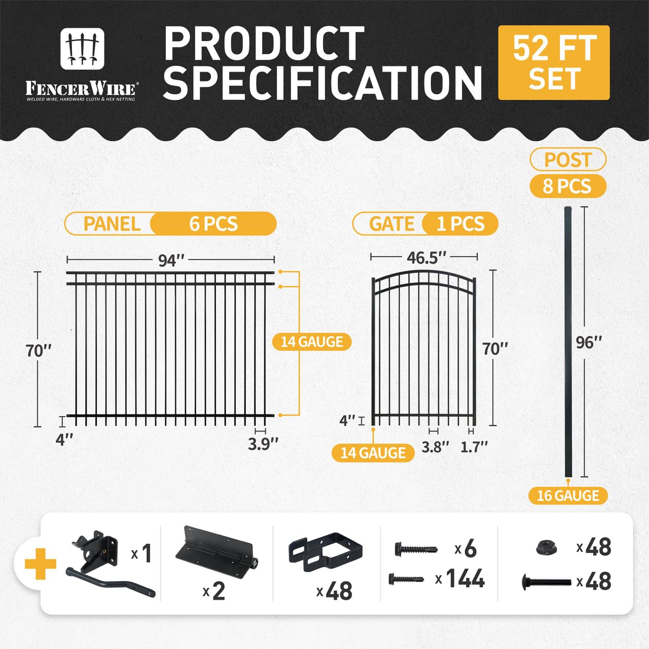 Fencer Wire 100FT Heavy Duty Flat Top Fence Barrier Kit, Anti-Rust Metal Steel Fence with 6FT Height X 8FT Width Panels, with Flat Top Gate, Posts, Connectors, Outdoor Fencing for Yard