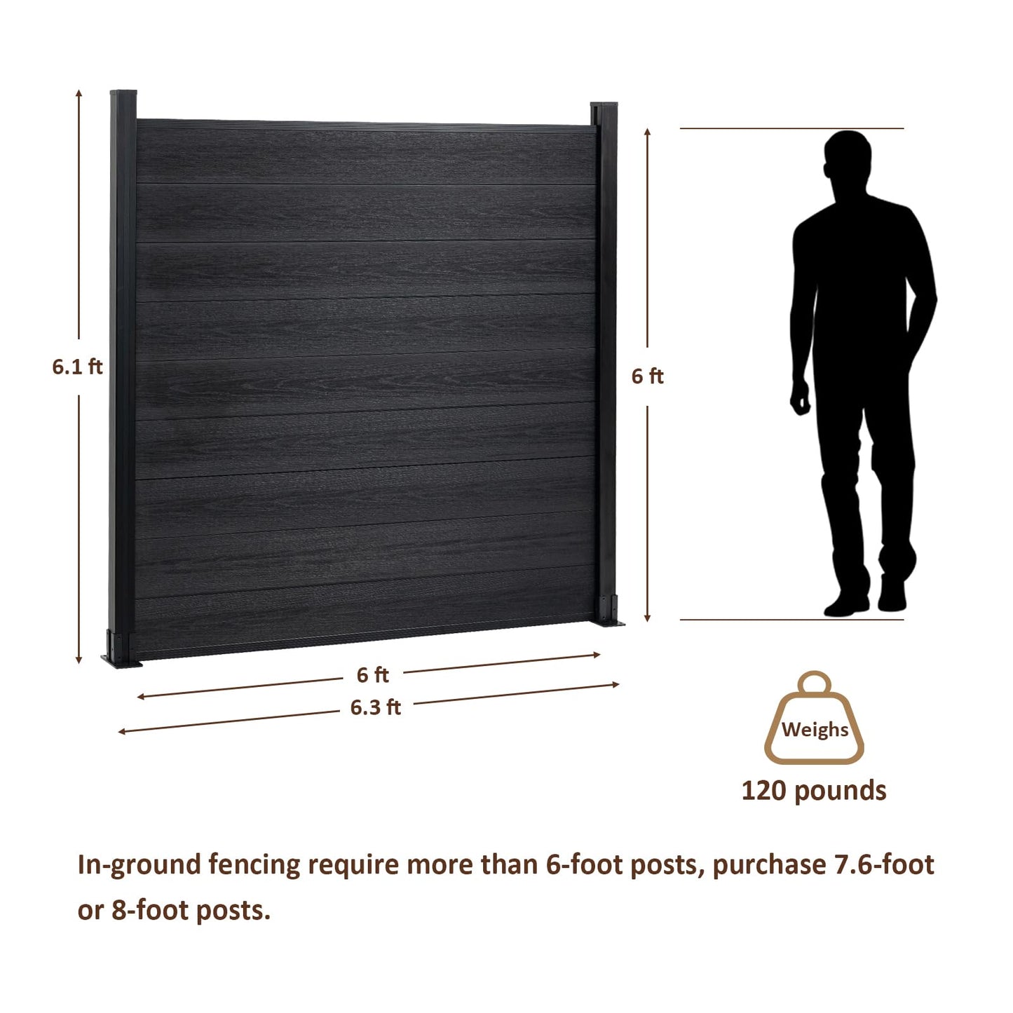 6 Ft×6 Ft Wood Plastic Composite Fence Panels, Privacy Fence Screen, Decorative Garden, Patio, Backyard Fence with 1 Post, Grey