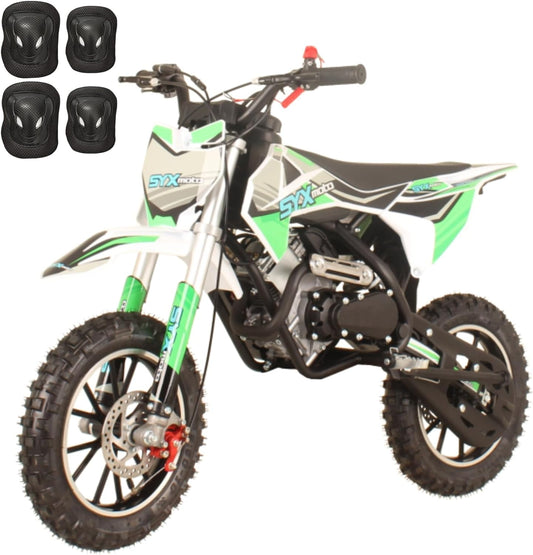 60cc gas powered dirt bike with safety knee pads, perfect for young riders ages 8-14.