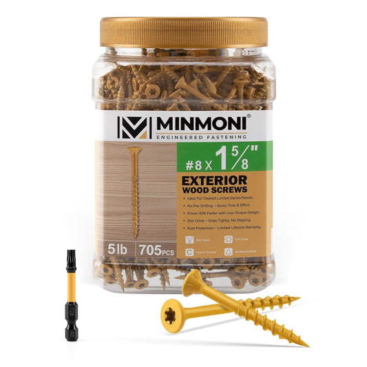 #8 x 1-5/8" Wood Screws (5 lbs Box), Trox Flat-Head Exterior Deck Screws 705pcs, Tan, T25 Star Bit Included, Can Substitute 1-1/2" Screws