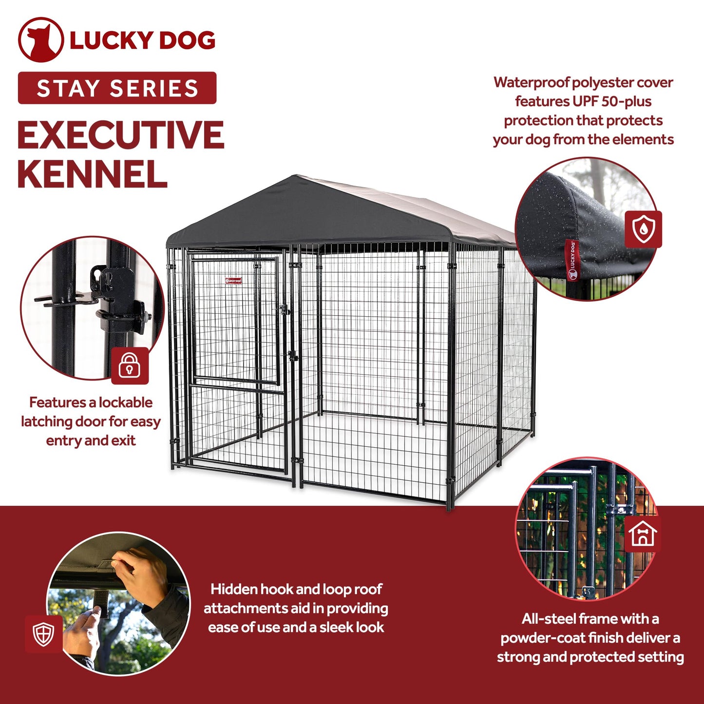 Lucky Dog Outdoor Steel Frame Kennel Playpen Enclosure w/Black Canopy, Uptown Series, 8'x4'x6'