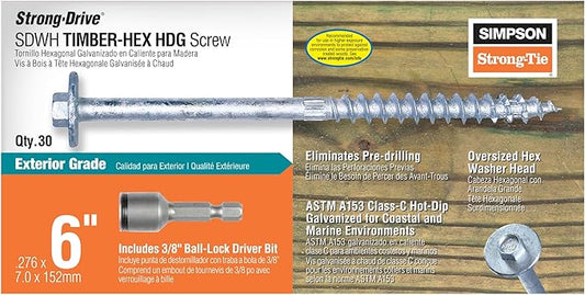 Simpson Strong-Tie SDWH27600GR30 Strong-Drive SDWH Timber-HEX HDG Screw 0.276 in. x 6 in. 3/8 Hex (30-Qty)