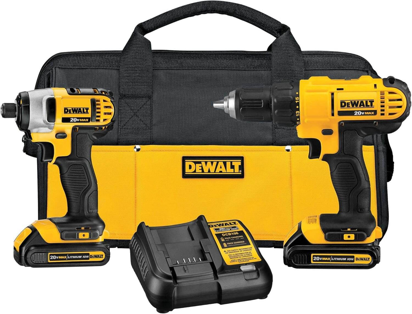 DEWALT cordless drill impact driver combo kit 20V MAX with batteries and carrying case.