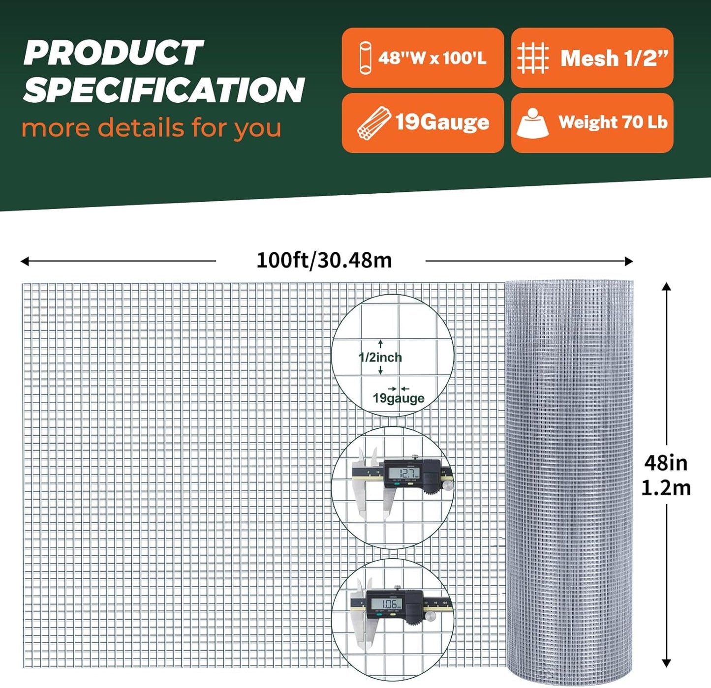 1/2'' 48'' X 100' Hardware Cloth, Chicken Wire Fencing Double Layer Hot Dip Galvanized, Wire Mesh Fence Chicken Rabbit Snake Cage Wire Fence Mesh Roll, for Chicken Coops, Fencing, Garden Protection