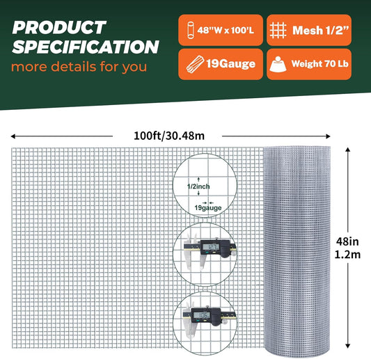 1/2'' 48'' X 100' Hardware Cloth, Chicken Wire Fencing Double Layer Hot Dip Galvanized, Wire Mesh Fence Chicken Rabbit Snake Cage Wire Fence Mesh Roll, for Chicken Coops, Fencing, Garden Protection