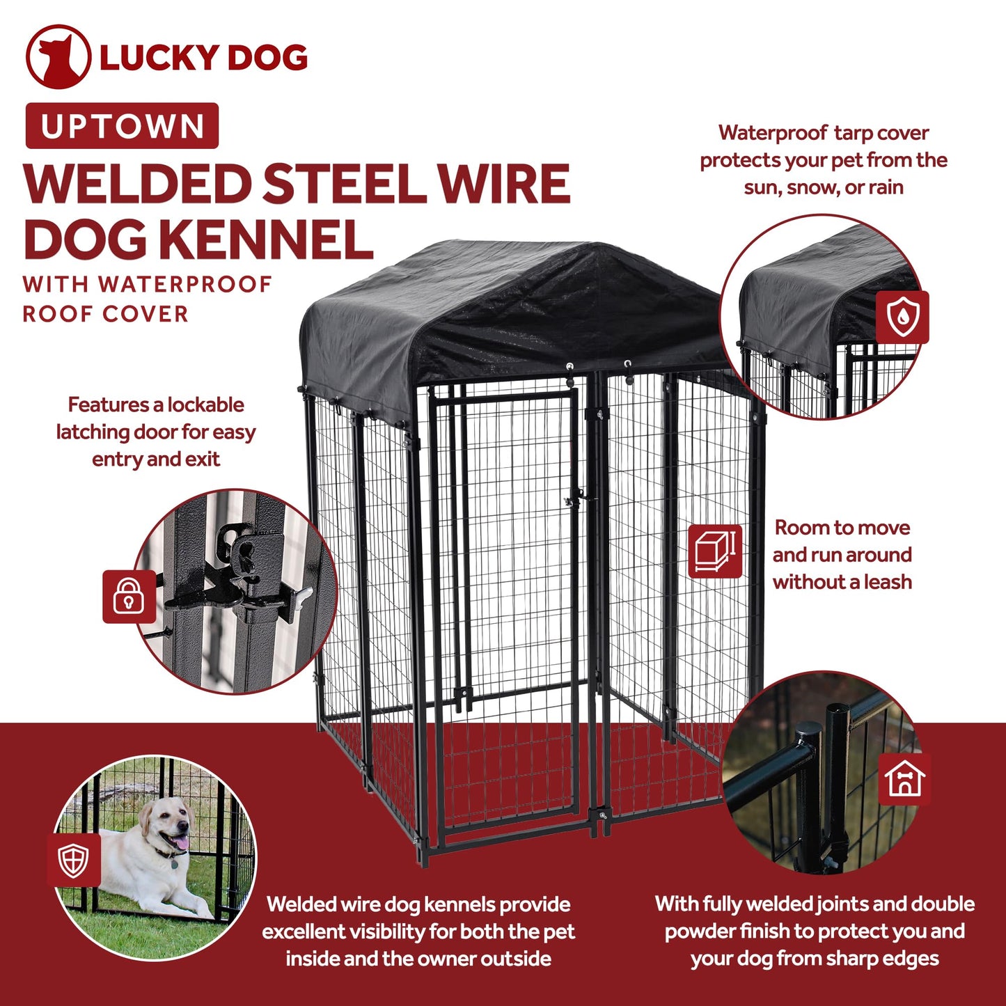 Lucky Dog Outdoor Steel Frame Kennel Playpen Enclosure w/Black Canopy, Uptown Series, 8'x4'x6'