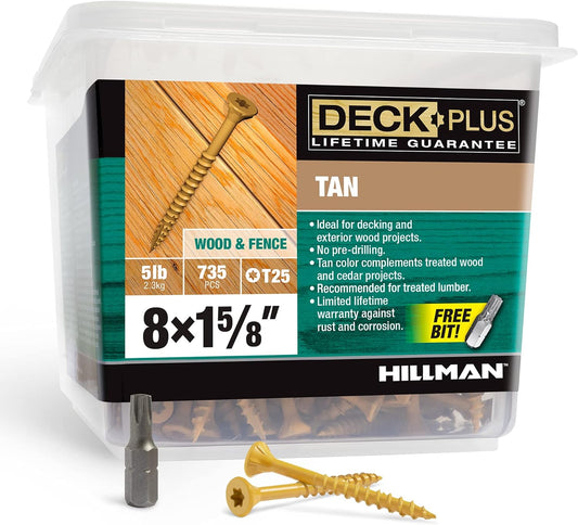 Deck Plus 1-5/8 Inch Epoxy Coated Exterior Wood and Fence Screws #8 x 1-5/8" Torx/Star Drive Included Coarse Thread, Outdoor Rust Resistant Decking Screw, Tan, 5 lb Box, 735 Pieces