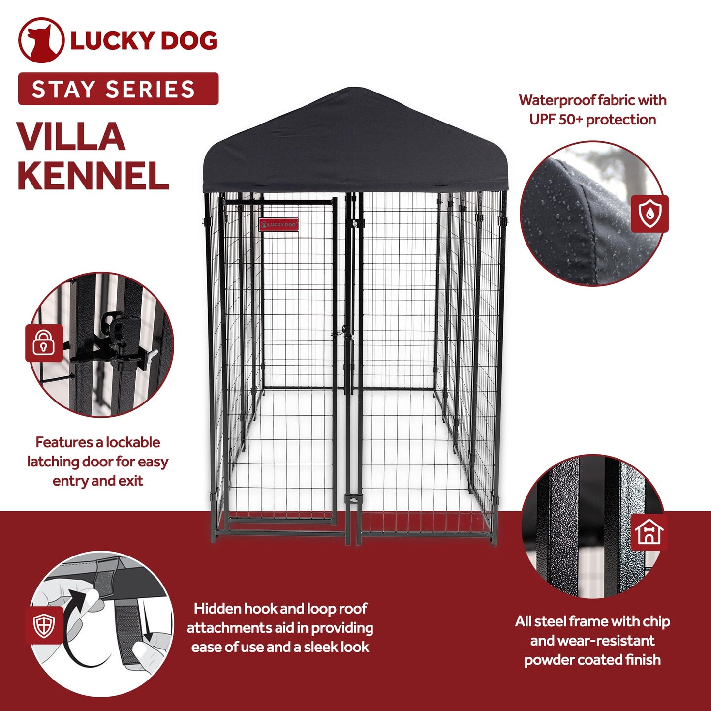 Lucky Dog Outdoor Steel Frame Kennel Playpen Enclosure w/Black Canopy, Uptown Series, 8'x4'x6'