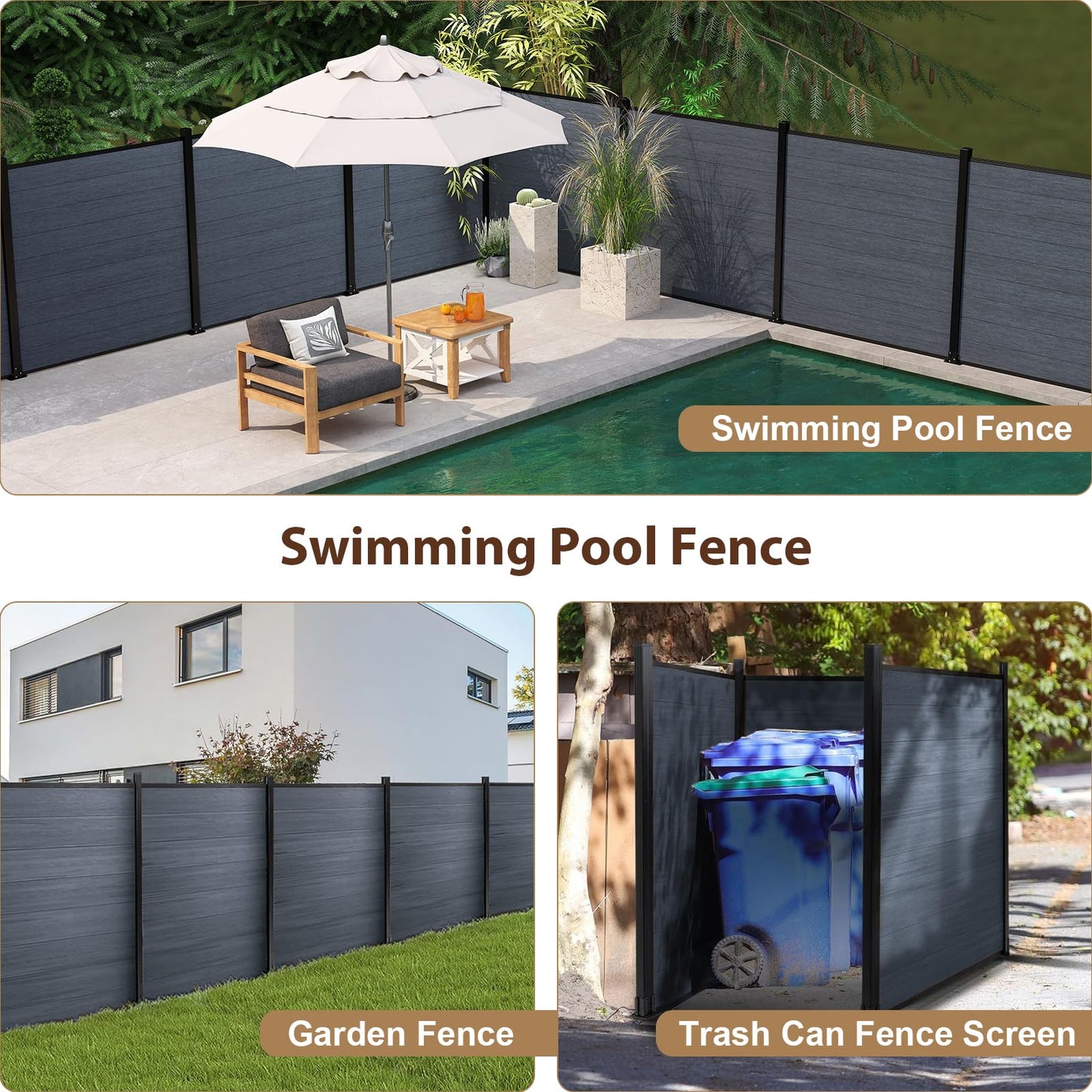 6 Ft×6 Ft Wood Plastic Composite Fence Panels, Privacy Fence Screen, Decorative Garden, Patio, Backyard Fence with 1 Post, Grey