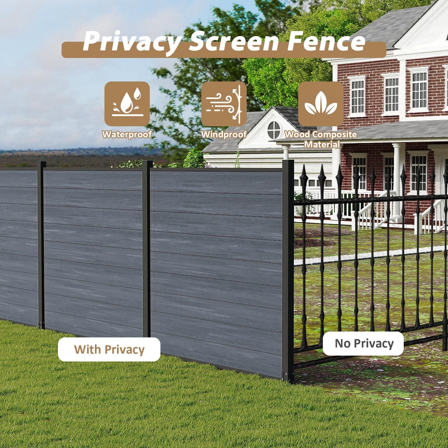 6 Ft×6 Ft Wood Plastic Composite Fence Panels, Privacy Fence Screen, Decorative Garden, Patio, Backyard Fence with 1 Post, Grey