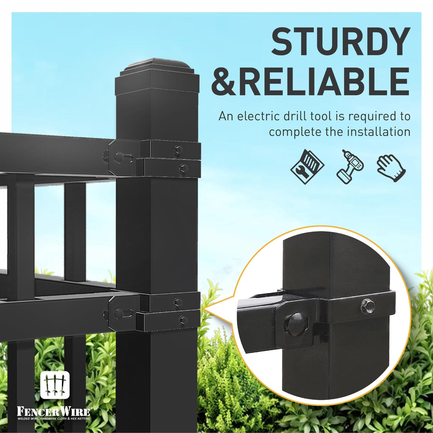 Fencer Wire 100FT Heavy Duty Flat Top Fence Barrier Kit, Anti-Rust Metal Steel Fence with 6FT Height X 8FT Width Panels, Gate, Posts, Connectors, 2” Diameter Outdoor Fencing for Yard, Pool, Patio