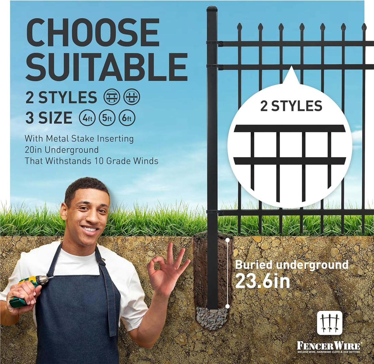 Fencer Wire 100FT Heavy Duty Flat Top Fence Barrier Kit, Anti-Rust Metal Steel Fence with 6FT Height X 8FT Width Panels, with Flat Top Gate, Posts, Connectors, Outdoor Fencing for Yard