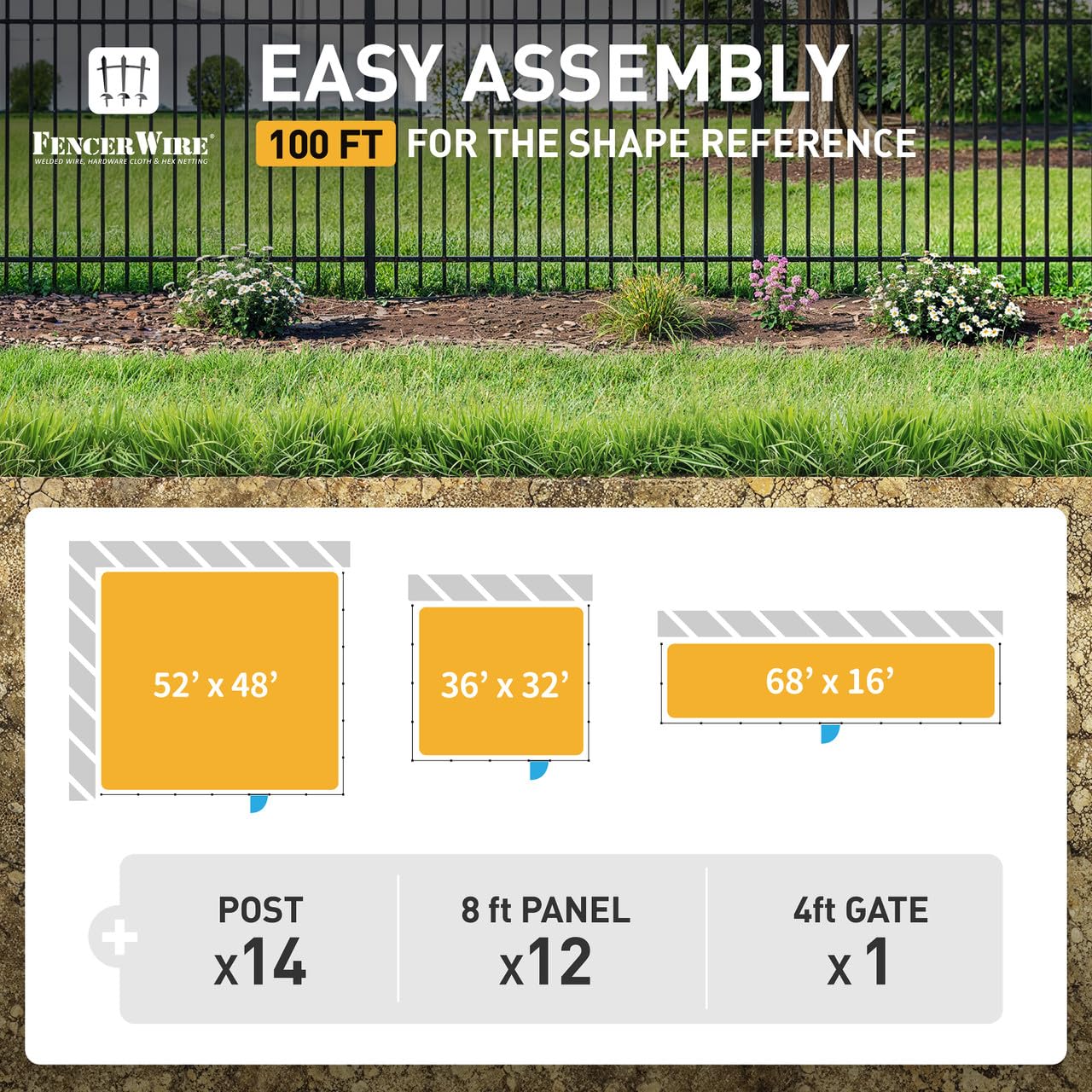 Fencer Wire 100FT Heavy Duty Flat Top Fence Barrier Kit, Anti-Rust Metal Steel Fence with 6FT Height X 8FT Width Panels, with Flat Top Gate, Posts, Connectors, Outdoor Fencing for Yard