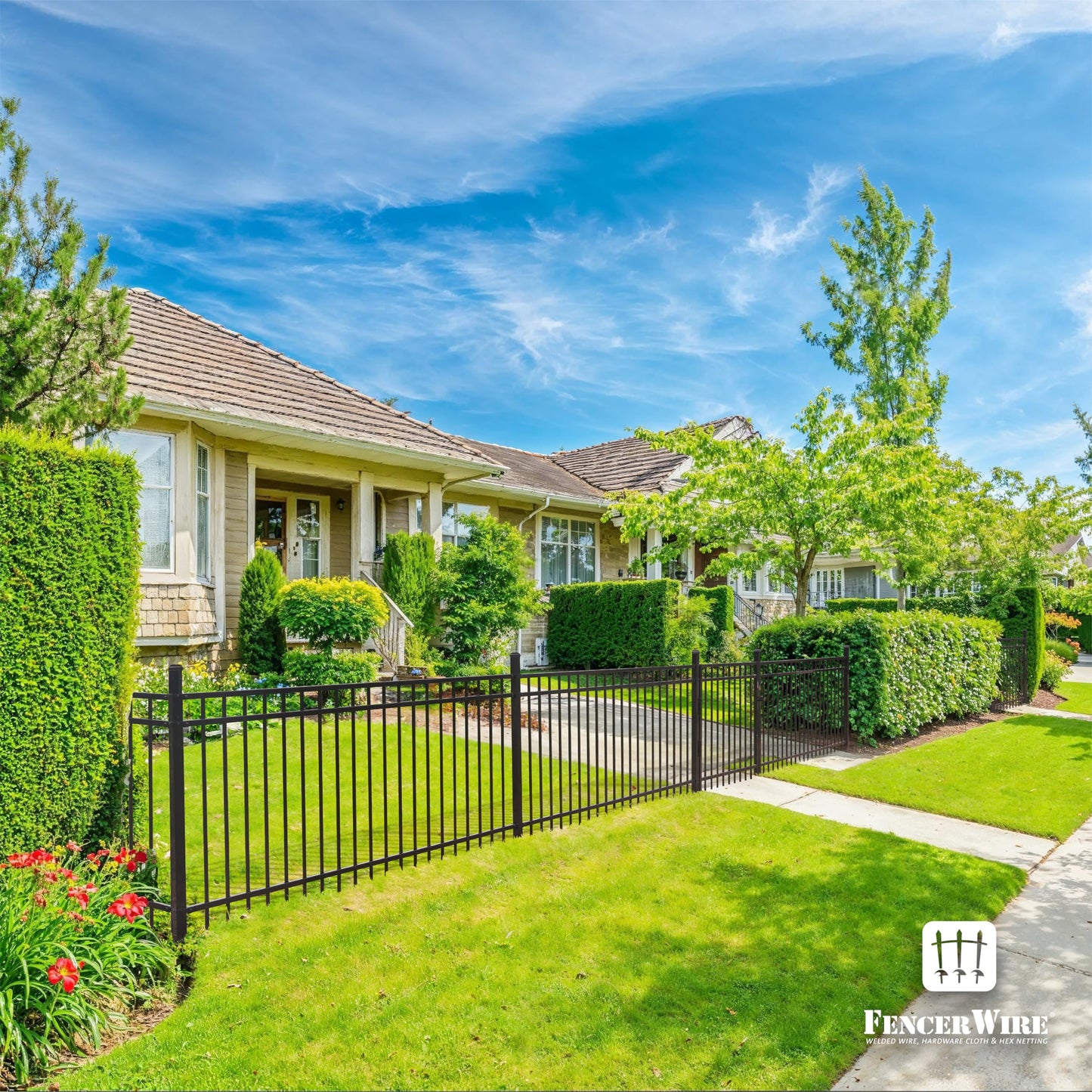 Fencer Wire 100FT Heavy Duty Flat Top Fence Barrier Kit, Anti-Rust Metal Steel Fence with 6FT Height X 8FT Width Panels, with Flat Top Gate, Posts, Connectors, Outdoor Fencing for Yard