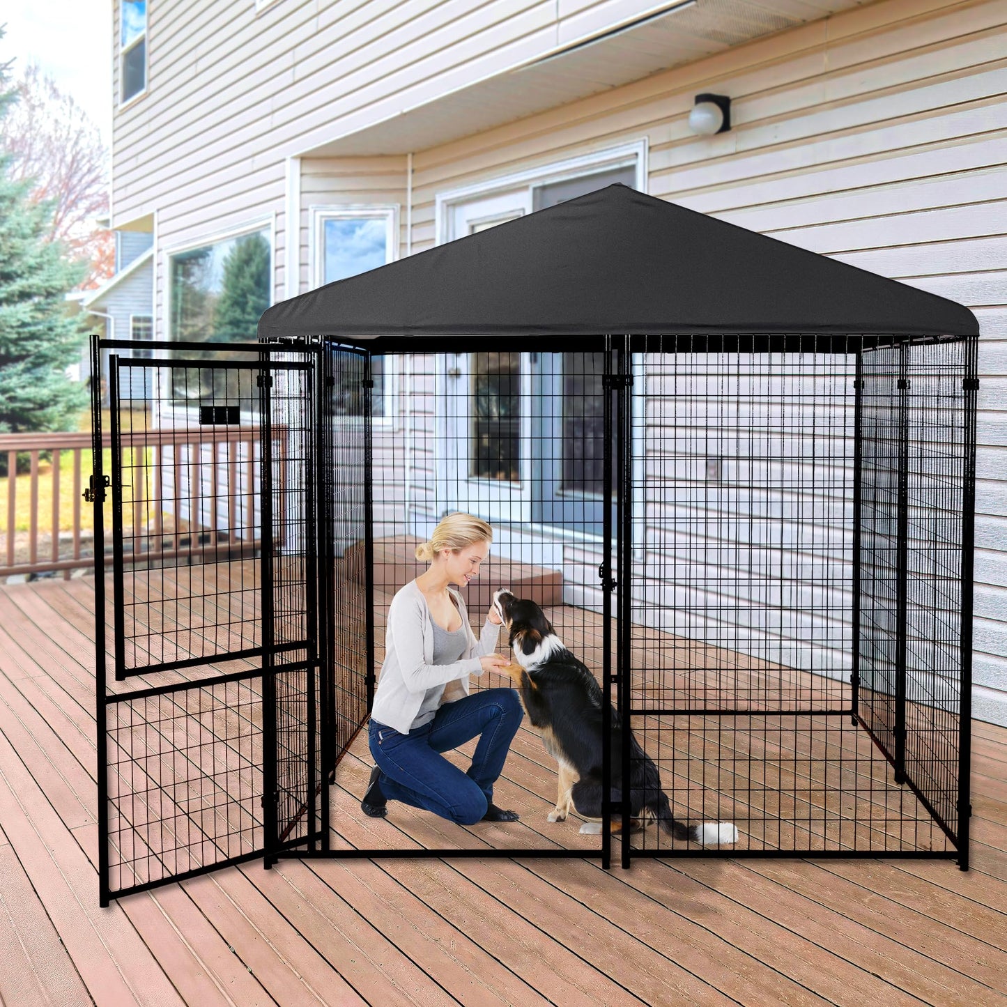 Lucky Dog Outdoor Steel Frame Kennel Playpen Enclosure w/Black Canopy, Uptown Series, 8'x4'x6'