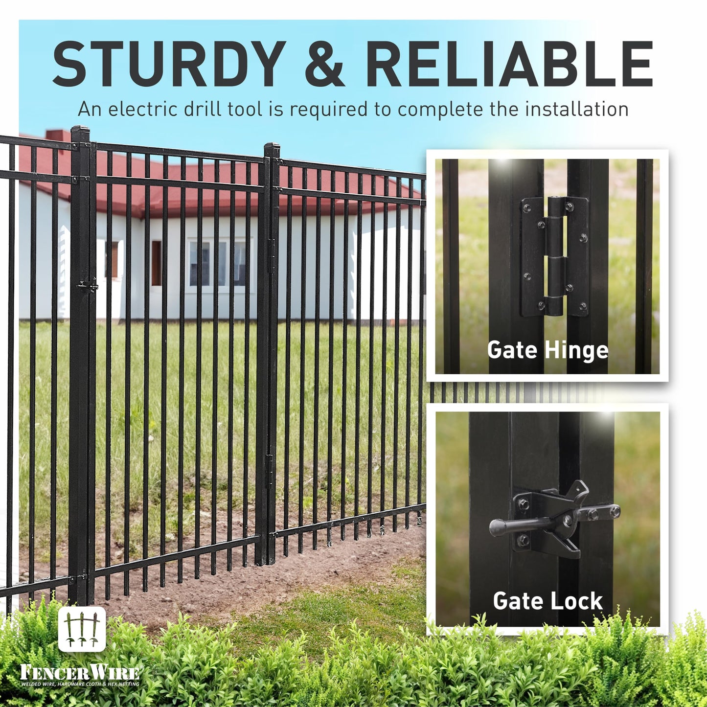 Fencer Wire 100FT Heavy Duty Flat Top Fence Barrier Kit, Anti-Rust Metal Steel Fence with 6FT Height X 8FT Width Panels, Gate, Posts, Connectors, 2” Diameter Outdoor Fencing for Yard, Pool, Patio