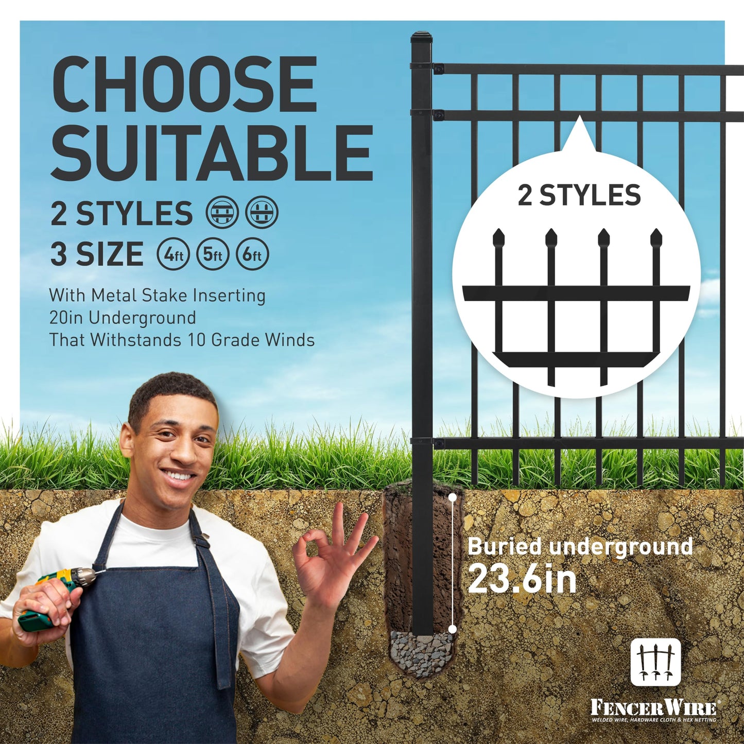 Fencer Wire 100FT Heavy Duty Flat Top Fence Barrier Kit, Anti-Rust Metal Steel Fence with 6FT Height X 8FT Width Panels, Gate, Posts, Connectors, 2” Diameter Outdoor Fencing for Yard, Pool, Patio