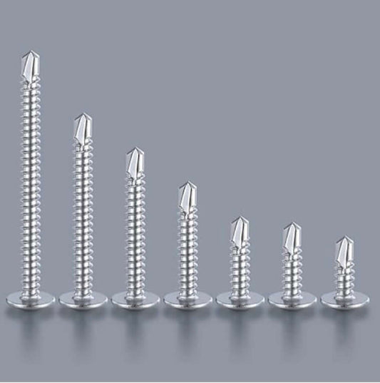 self-tapping hex head screws 8x1-1/4" in various sizes displayed on a gray background.