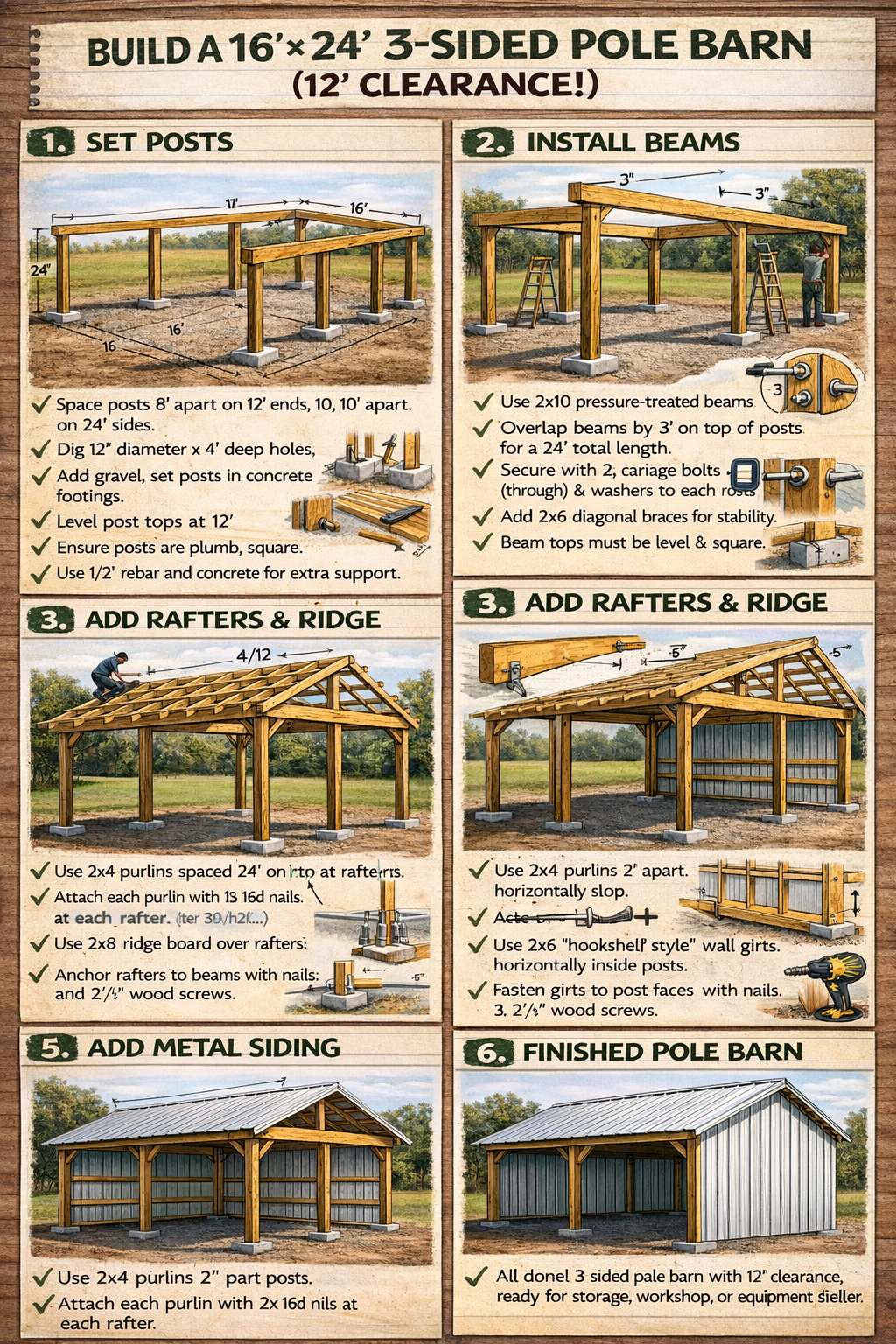 16'x24' Complete Pole Barn Kit w/ 3 sides (walls)
