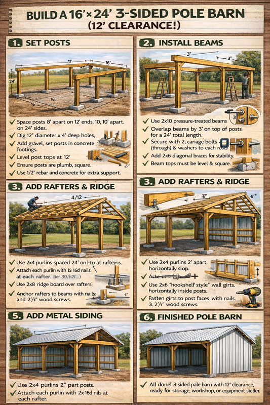 16'x24' Complete Pole Barn Kit w/ 3 sides (walls)