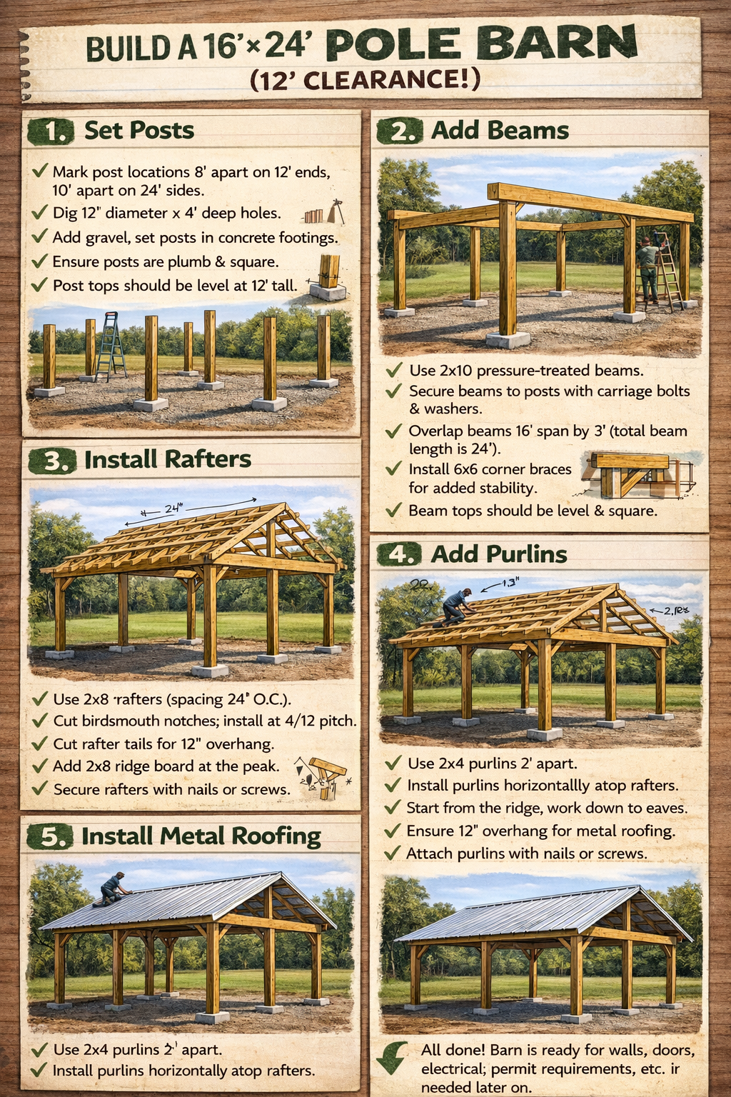 16'x24' Complete Open Pole Barn Kit