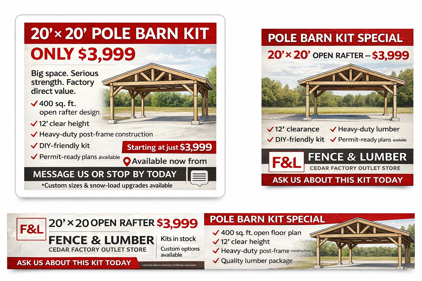 20'x20' Complete Pole Barn/ Car Port Kit
